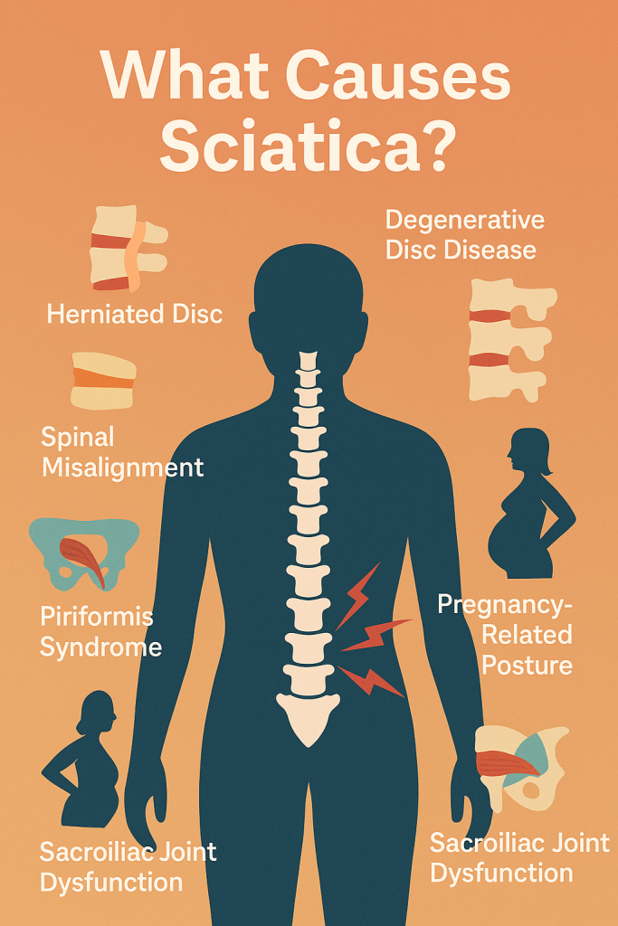 Infographic showing common causes of sciatica, including herniated disc, degenerative disc disease, spinal misalignment, piriformis syndrome, sacroiliac joint dysfunction, and pregnancy-related posture, designed for Bromley & Chislehurst Chiropractic.