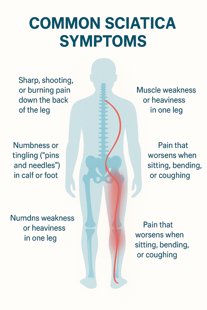 Infographic showing common sciatica symptoms including leg pain, numbness, tingling, muscle weakness, and difficulty standing, created for Bromley & Chislehurst Chiropractic.